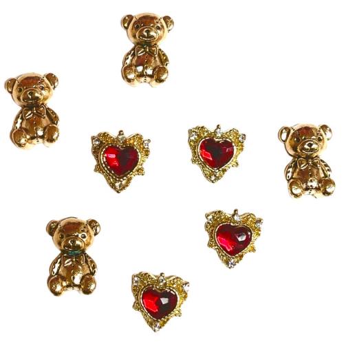 Teddy Bear and Red Heart Nail Charms - 8 pcs
