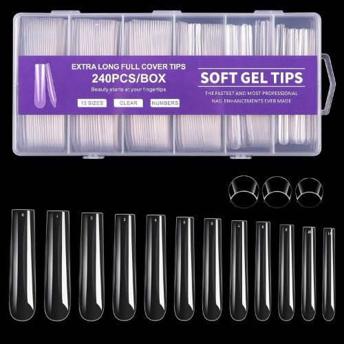 Long Square Nail Tips, 240Pcs Full Cover Soft Gel Nail Tips 
