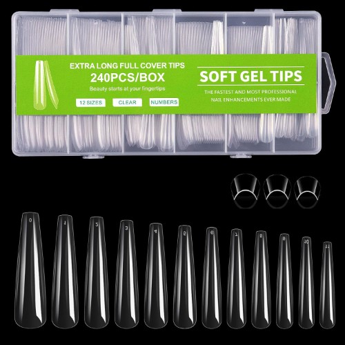 Long Coffin Nail Tips, 240Pcs Full Cover Soft Gel Nail Tips 